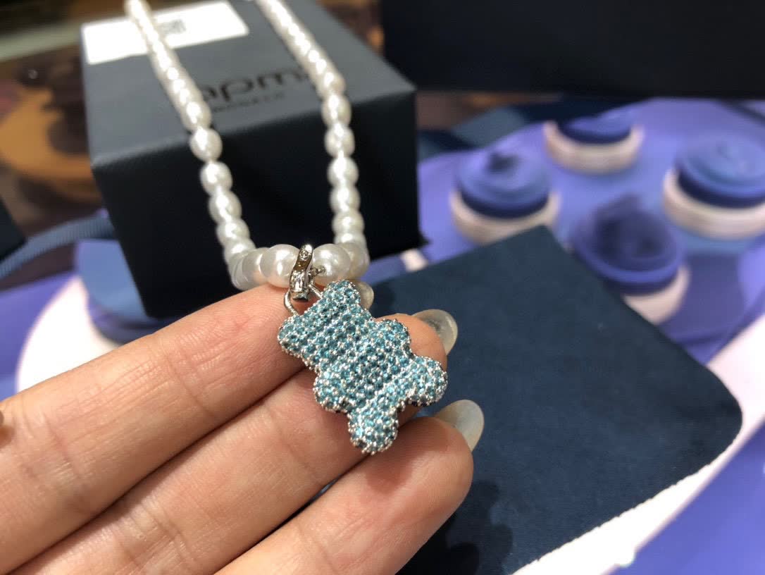 APM Monaco Pearl & Crystal Bear Pendant Necklace